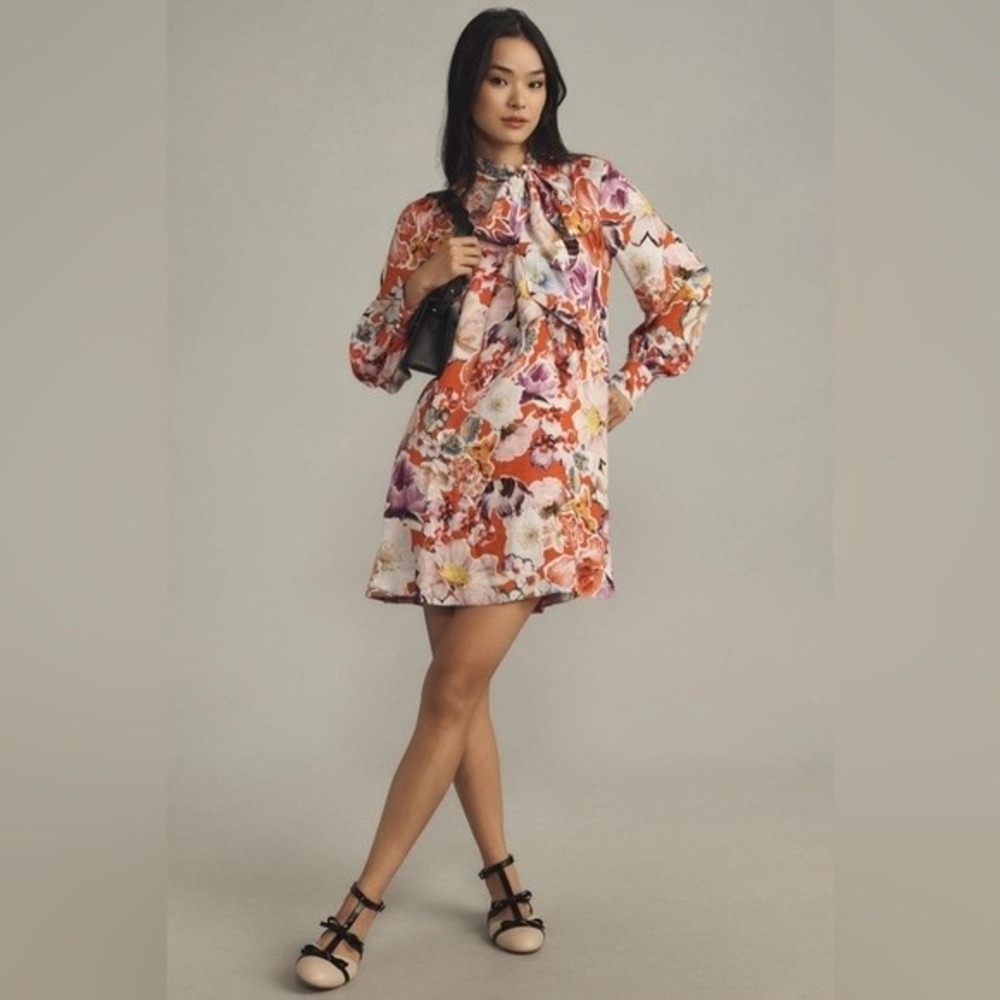 Maeve Caroline Tie-Neck Mini Dress Size S Floral Multicolor Anthropologie EUC